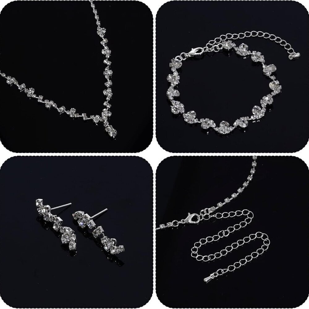 Women Rhinestone Jewelry Set Crystal Necklace Earrings Prom Bridal Clutch Bag - Picture 3 of 7